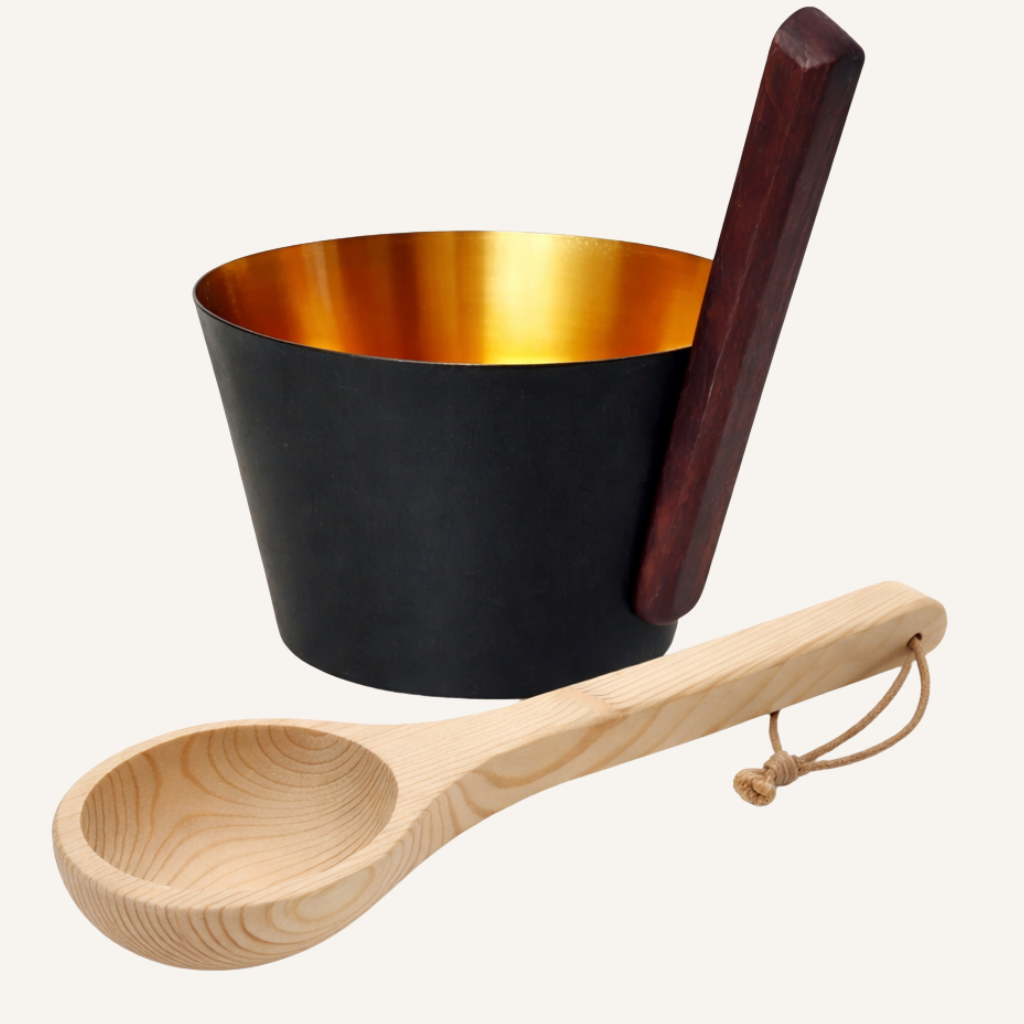 Saunakübel aus Aluminium schwarz-gold mit Holzgriff + Saunakelle