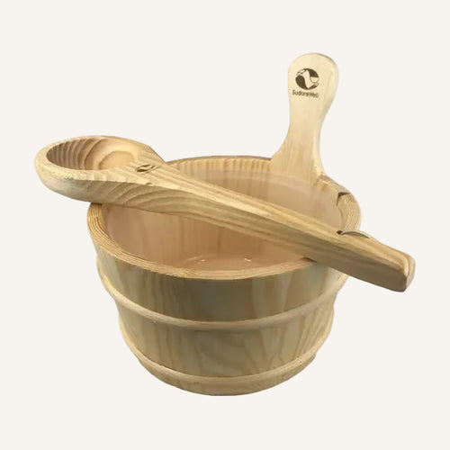 Klassisches Sauna-Zubehörset 5-teilig aus Kiefernholz mit Verdampferschale und Mentholkristallen