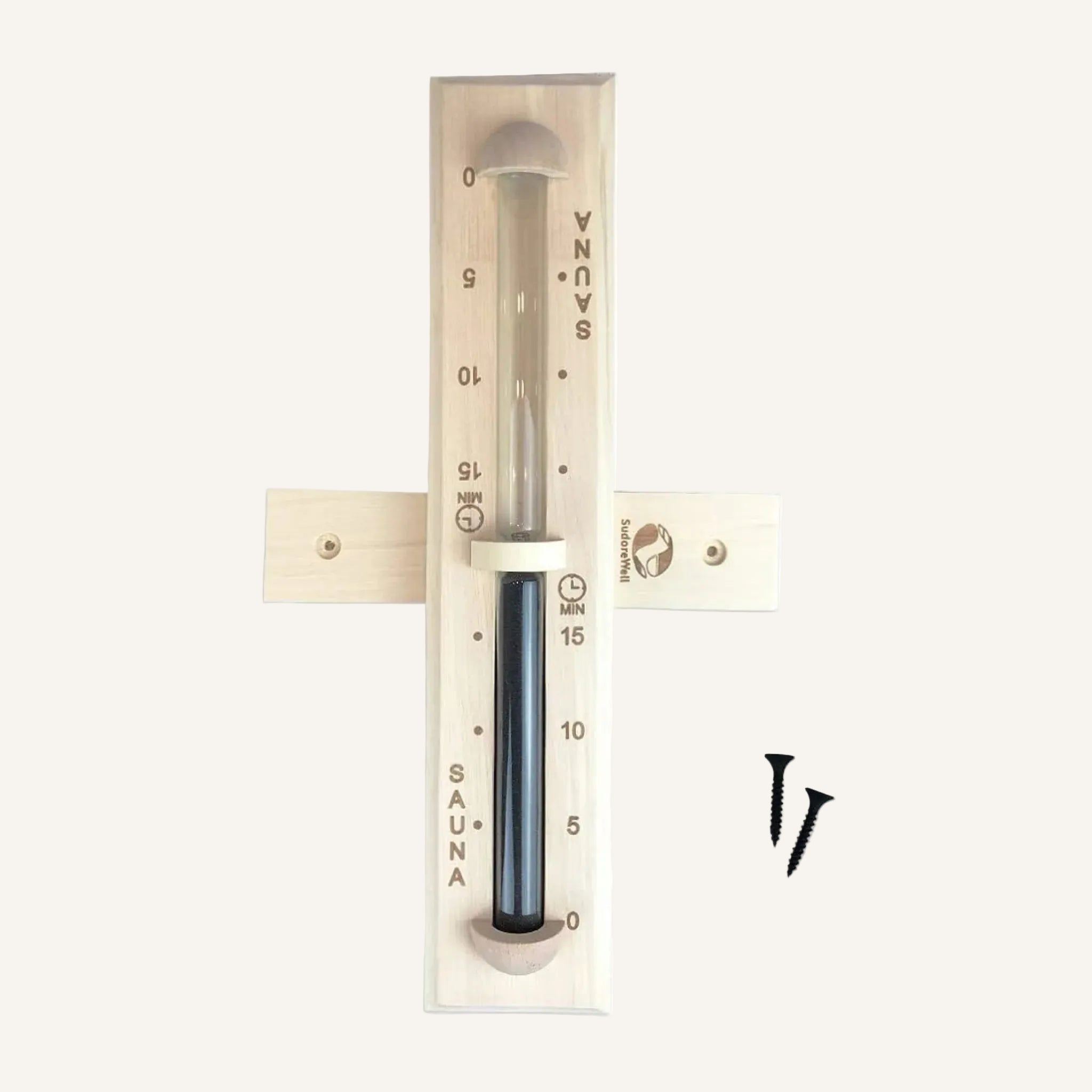 Sauna Sanduhr Premium 15 Minuten aus Kiefernholz mit Bügel und schwarzem Sand